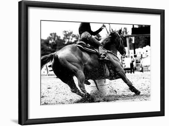 High Contrast, Black and White Closeup of a Rodeo Barrel Racer Making a Turn at One of the Barrels-Lincoln Rogers-Framed Photographic Print