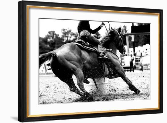 High Contrast, Black and White Closeup of a Rodeo Barrel Racer Making a Turn at One of the Barrels-Lincoln Rogers-Framed Photographic Print