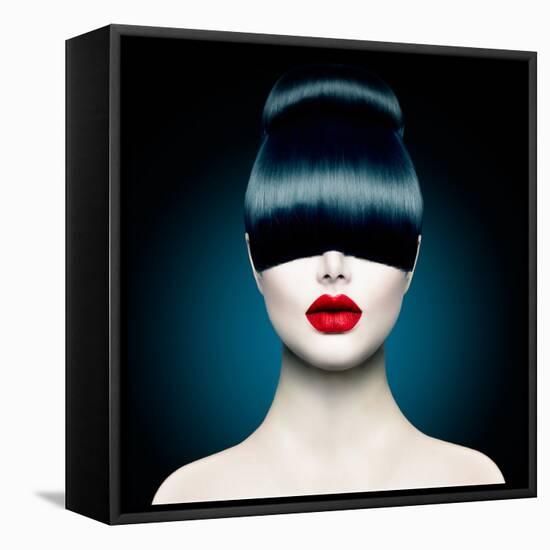 High Fashion Model Girl Portrait with Trendy Fringe Hair Style and Makeup. Long Black Fringe Hairst-Subbotina Anna-Framed Premier Image Canvas