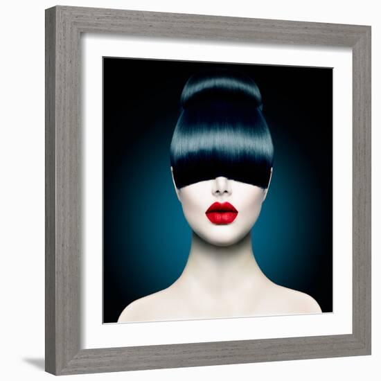 High Fashion Model Girl Portrait with Trendy Fringe Hair Style and Makeup. Long Black Fringe Hairst-Subbotina Anna-Framed Photographic Print