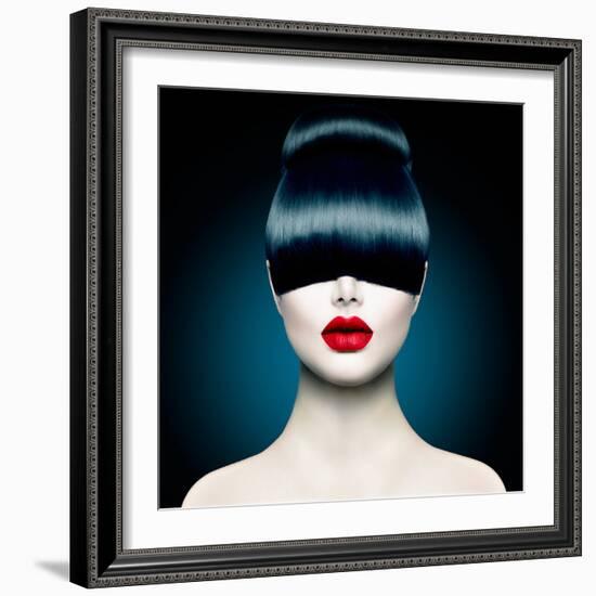 High Fashion Model Girl Portrait with Trendy Fringe Hair Style and Makeup. Long Black Fringe Hairst-Subbotina Anna-Framed Photographic Print