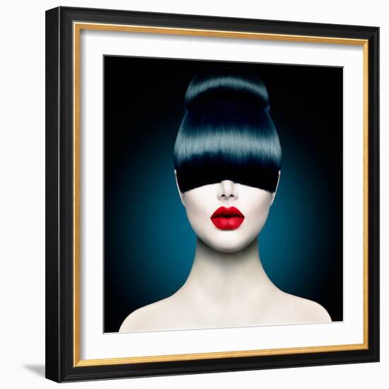 High Fashion Model Girl Portrait with Trendy Fringe Hair Style and Makeup. Long Black Fringe Hairst-Subbotina Anna-Framed Photographic Print