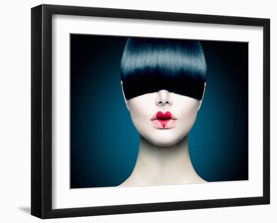 High Fashion Model Girl Portrait with Trendy Fringe Hair Style and Red Heart Lips Makeup. Long Blac-Subbotina Anna-Framed Photographic Print