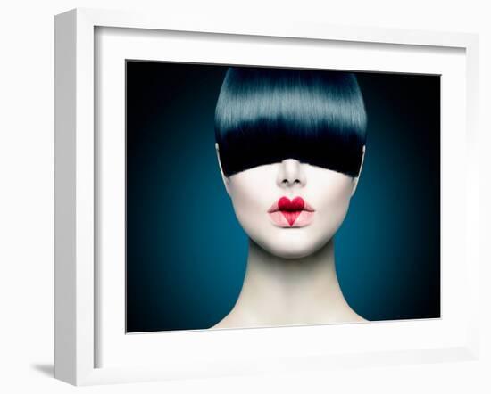 High Fashion Model Girl Portrait with Trendy Fringe Hair Style and Red Heart Lips Makeup. Long Blac-Subbotina Anna-Framed Photographic Print