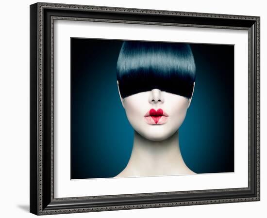 High Fashion Model Girl Portrait with Trendy Fringe Hair Style and Red Heart Lips Makeup. Long Blac-Subbotina Anna-Framed Photographic Print