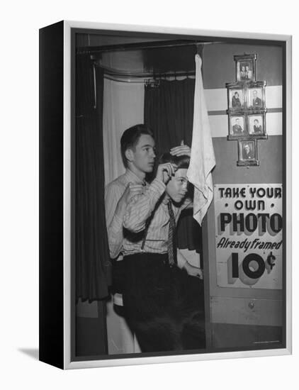 High School Boys Combing Their Hair Before Having Their Picture Taken-William C^ Shrout-Framed Premier Image Canvas