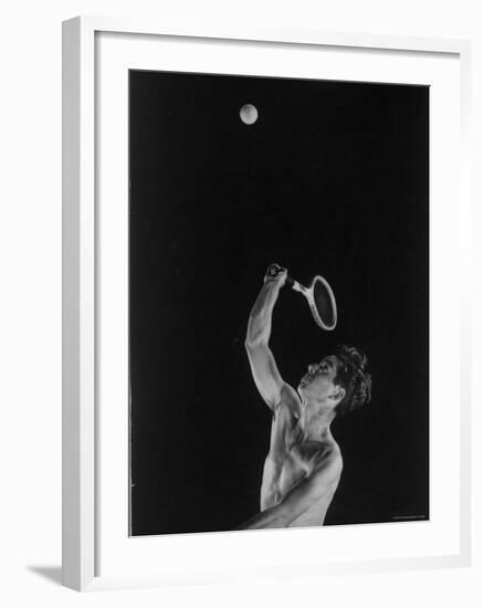 High Speed Photograph of Tennis Pro Bobby Riggs Serving a Ball-Gjon Mili-Framed Premium Photographic Print