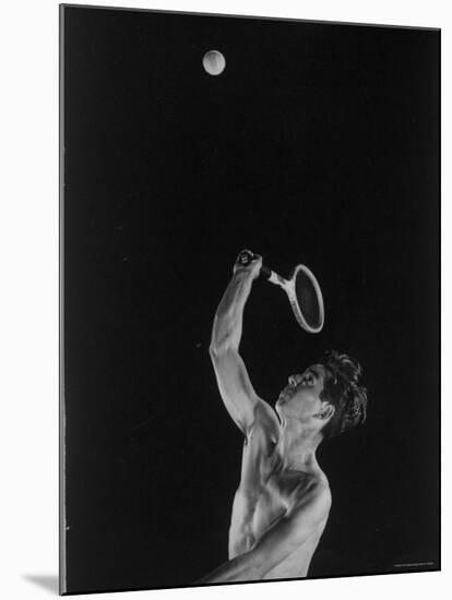 High Speed Photograph of Tennis Pro Bobby Riggs Serving a Ball-Gjon Mili-Mounted Premium Photographic Print