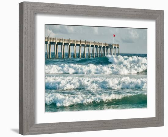 High Surf Day Preceding Tropical Storm. View of Pier and Ocean Waves in Pensacola, Florida.-forestpath-Framed Photographic Print