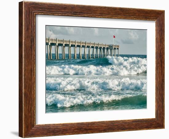 High Surf Day Preceding Tropical Storm. View of Pier and Ocean Waves in Pensacola, Florida.-forestpath-Framed Photographic Print