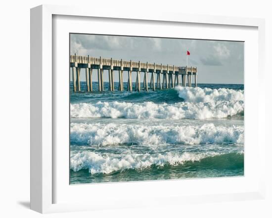 High Surf Day Preceding Tropical Storm. View of Pier and Ocean Waves in Pensacola, Florida.-forestpath-Framed Photographic Print