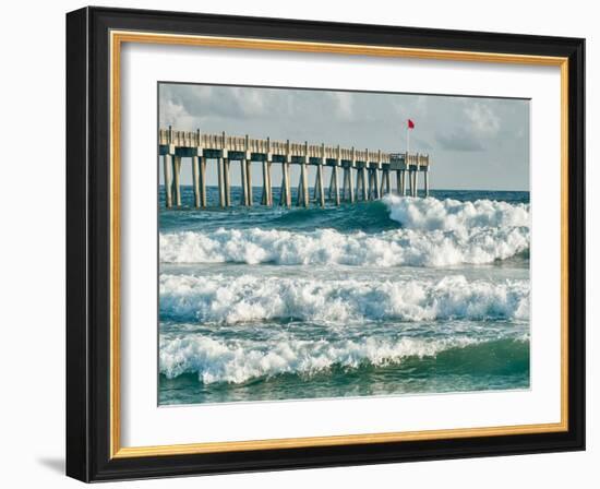 High Surf Day Preceding Tropical Storm. View of Pier and Ocean Waves in Pensacola, Florida.-forestpath-Framed Photographic Print