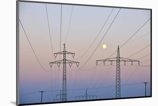 High-Tension Line, Moon, Dusk, Bavaria, Germany-Raimund Linke-Mounted Photographic Print