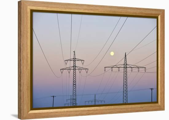 High-Tension Line, Moon, Dusk, Bavaria, Germany-Raimund Linke-Framed Premier Image Canvas