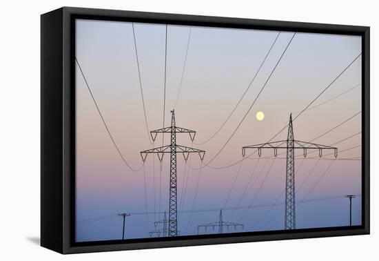 High-Tension Line, Moon, Dusk, Bavaria, Germany-Raimund Linke-Framed Premier Image Canvas