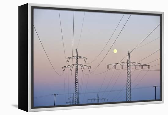 High-Tension Line, Moon, Dusk, Bavaria, Germany-Raimund Linke-Framed Premier Image Canvas