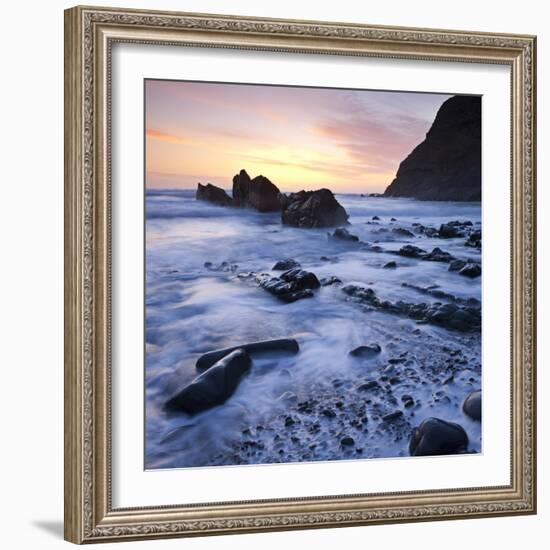 High Tide on Duckpool Beach at Sunset, North Cornwall, England. Spring-Adam Burton-Framed Photographic Print