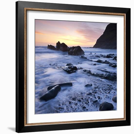 High Tide on Duckpool Beach at Sunset, North Cornwall, England. Spring-Adam Burton-Framed Photographic Print