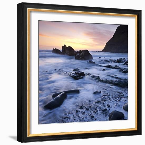 High Tide on Duckpool Beach at Sunset, North Cornwall, England. Spring-Adam Burton-Framed Photographic Print