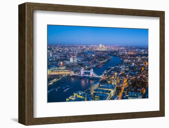 High view of London skyline at dusk along the River Thames from Tower Bridge to Canary Wharf, Londo-Fraser Hall-Framed Photographic Print