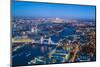 High view of London skyline at dusk along the River Thames from Tower Bridge to Canary Wharf, Londo-Fraser Hall-Mounted Photographic Print