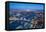 High view of London skyline at dusk along the River Thames from Tower Bridge to Canary Wharf, Londo-Fraser Hall-Framed Premier Image Canvas