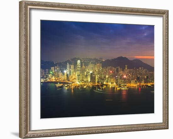 High View of the Hong Kong Island Skyline and Harbour at Sunset, Hong Kong, China, Asia-Amanda Hall-Framed Photographic Print