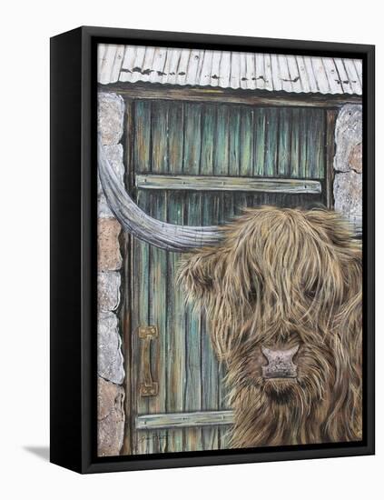 Highland Cow By Barn Door-A-Jean Plout-Framed Premier Image Canvas