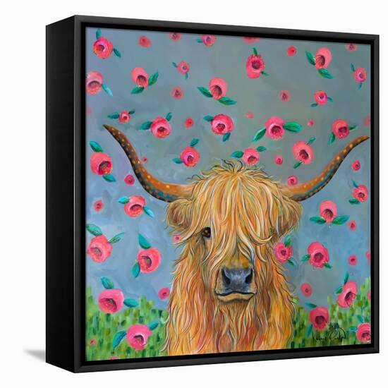 Highland Cow with Flowers-Karrie Evenson-Framed Stretched Canvas