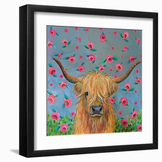 Highland Cow with Flowers-Karrie Evenson-Framed Art Print