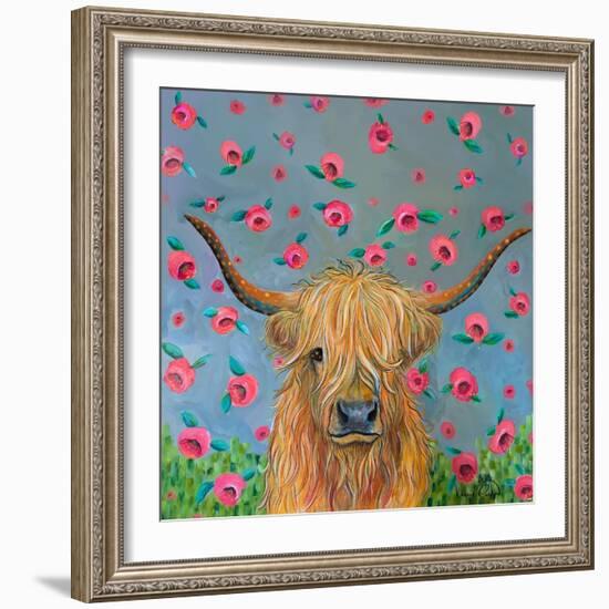 Highland Cow with Flowers-Karrie Evenson-Framed Art Print