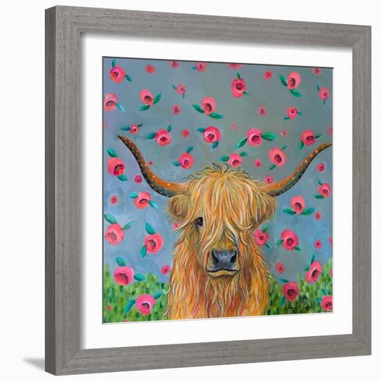 Highland Cow with Flowers-Karrie Evenson-Framed Art Print