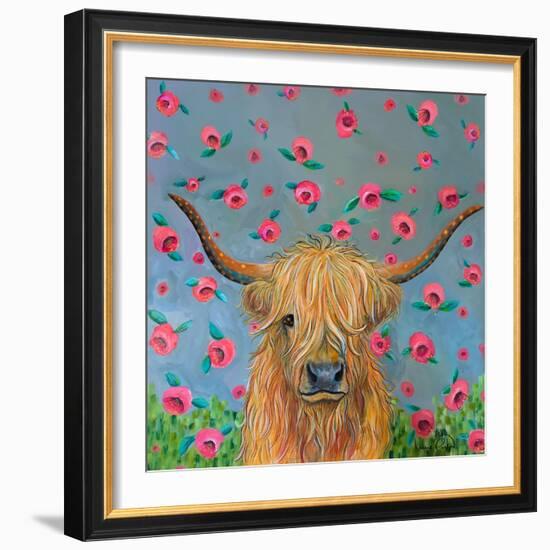 Highland Cow with Flowers-Karrie Evenson-Framed Art Print