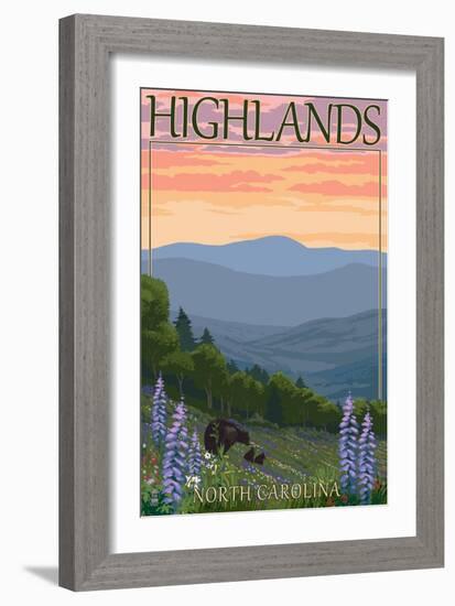 Highlands, North Carolina - Bear Family and Spring Flowers-Lantern Press-Framed Art Print