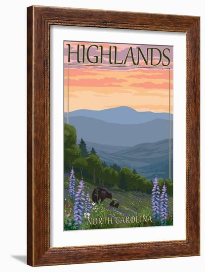 Highlands, North Carolina - Bear Family and Spring Flowers-Lantern Press-Framed Art Print