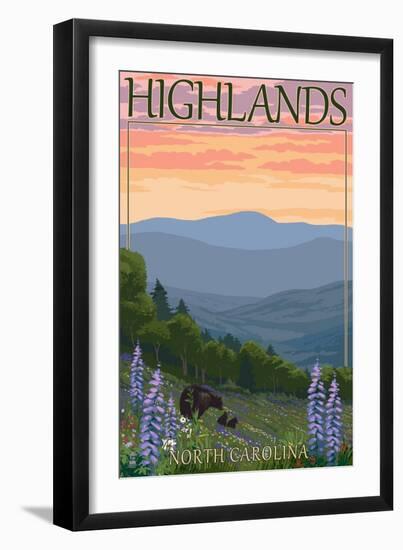 Highlands, North Carolina - Bear Family and Spring Flowers-Lantern Press-Framed Art Print