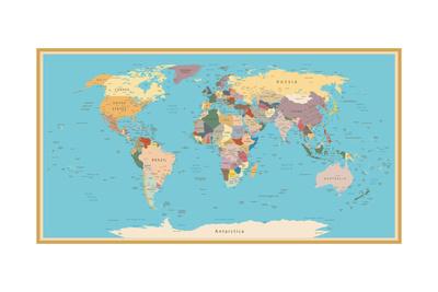 highly detailed world map with vintage color art print