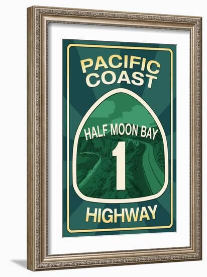 Highway 1, California - Half Moon Bay - Pacific Coast Highway Sign-Lantern Press-Framed Art Print