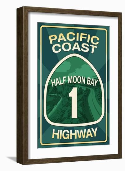 Highway 1, California - Half Moon Bay - Pacific Coast Highway Sign-Lantern Press-Framed Art Print