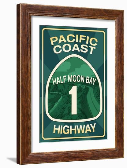 Highway 1, California - Half Moon Bay - Pacific Coast Highway Sign-Lantern Press-Framed Art Print