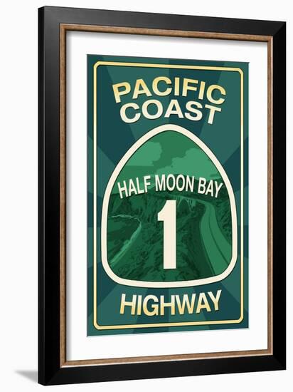 Highway 1, California - Half Moon Bay - Pacific Coast Highway Sign-Lantern Press-Framed Art Print