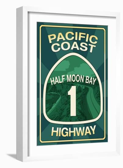 Highway 1, California - Half Moon Bay - Pacific Coast Highway Sign-Lantern Press-Framed Art Print