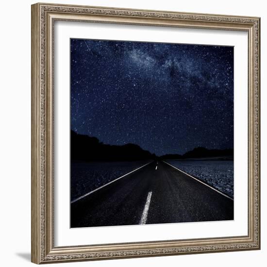 Highway And Starry Night In Desert-null-Framed Art Print