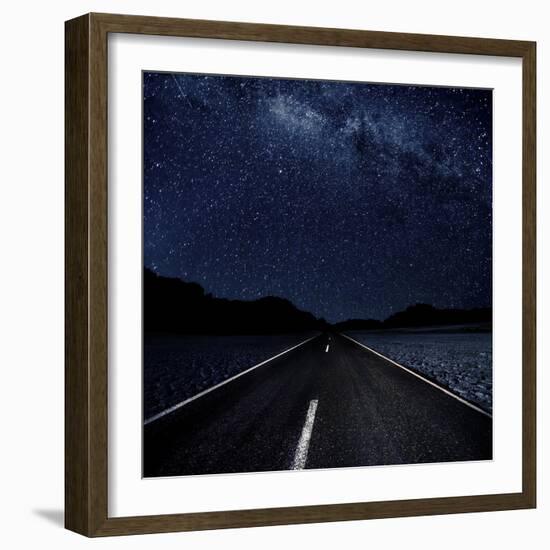 Highway And Starry Night In Desert-null-Framed Art Print