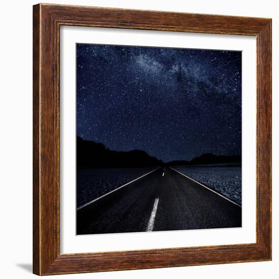 Highway And Starry Night In Desert-null-Framed Art Print
