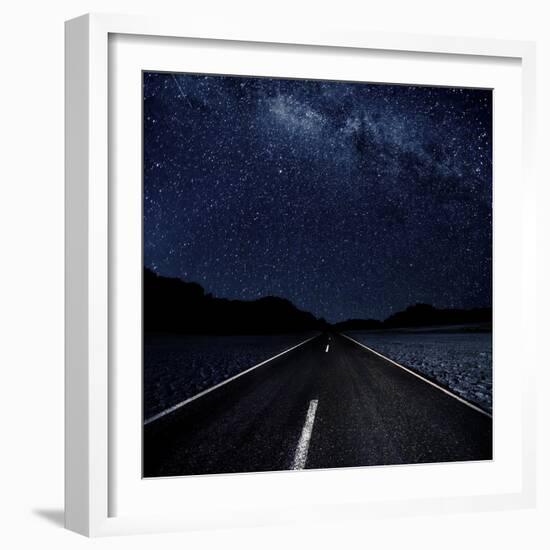 Highway And Starry Night In Desert-null-Framed Art Print