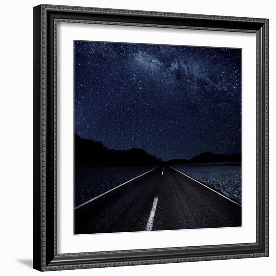 Highway And Starry Night In Desert-null-Framed Art Print