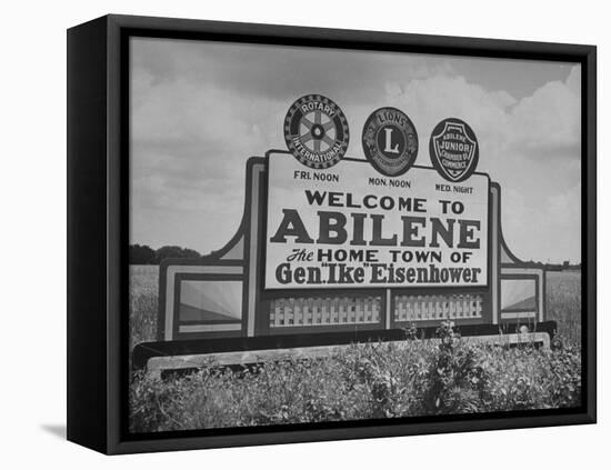 Highway Sign Welcoming Tourists to the Home Town of General Dwight D. Eisenhower-Myron Davis-Framed Premier Image Canvas
