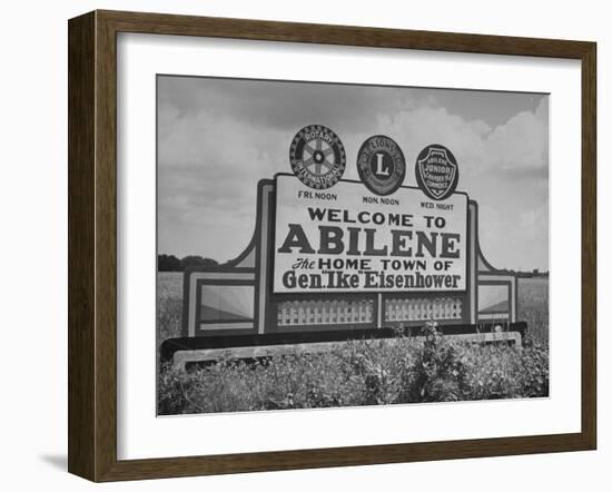 Highway Sign Welcoming Tourists to the Home Town of General Dwight D. Eisenhower-Myron Davis-Framed Photographic Print