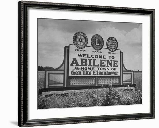 Highway Sign Welcoming Tourists to the Home Town of General Dwight D. Eisenhower-Myron Davis-Framed Photographic Print